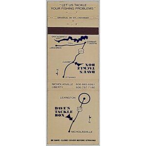 Vintage Matchbook Cover Dave’s Tackle Box Nicholasville Liberty KY Kentucky Map
